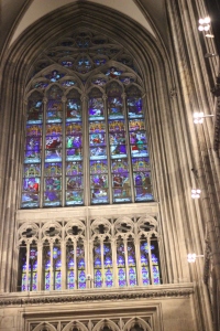 A stained glass window inside the cathedral